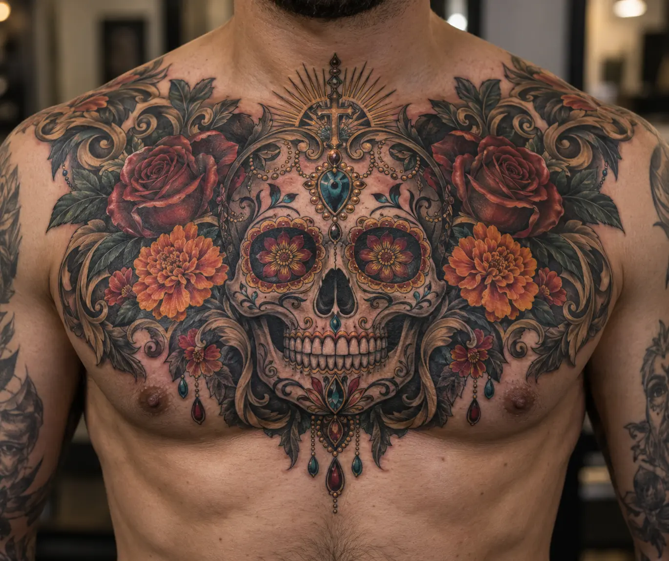 Jordyn Keizer — Jewelled Sugar Skull Floral Chest Piece