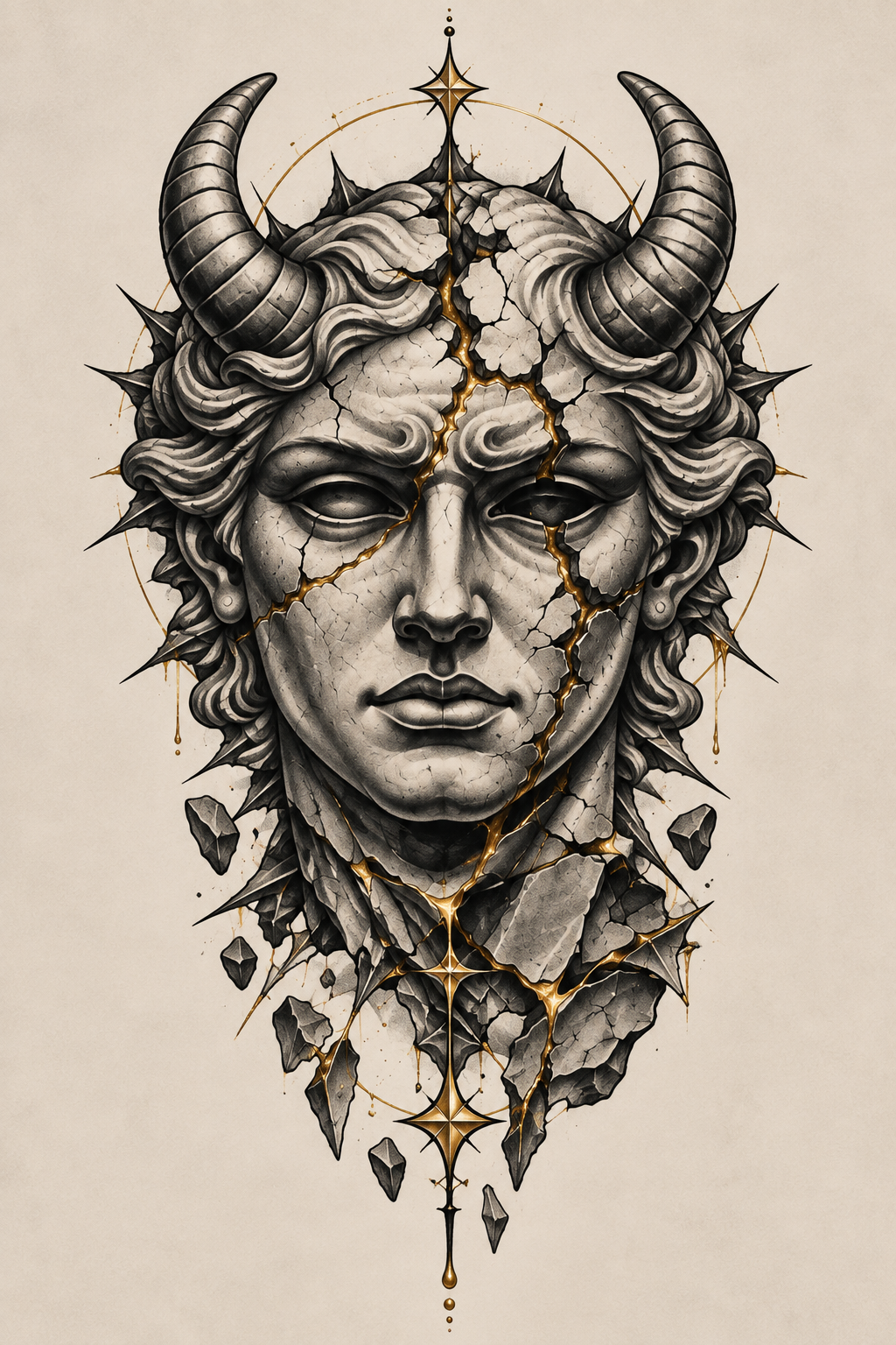 Prabin Bom — Cracked Horned Statue with Gold Kintsugi