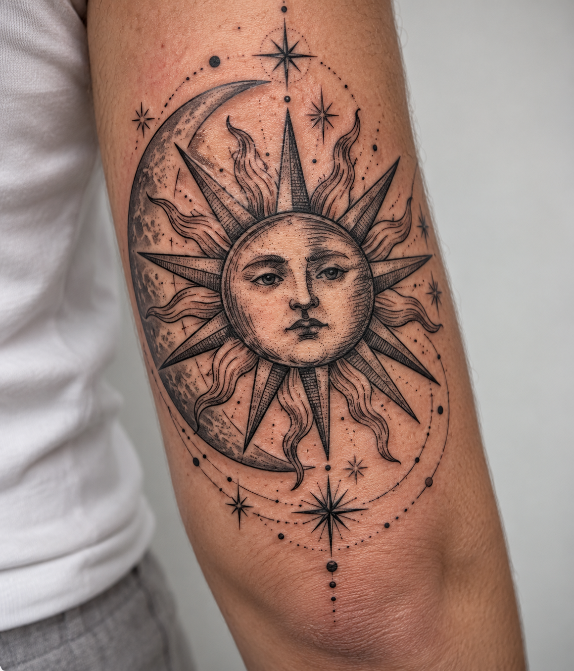 Fine-Line Sun & Crescent Moon