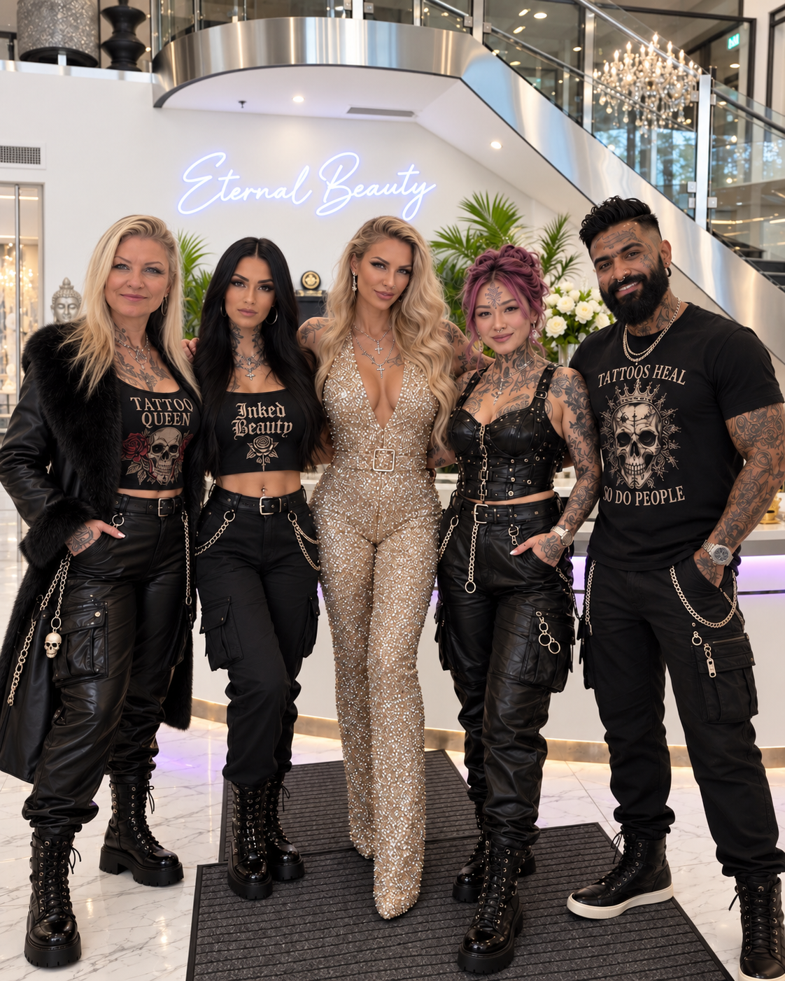 The Eternal Beauty team together in the studio lobby beneath the neon Eternal Beauty sign