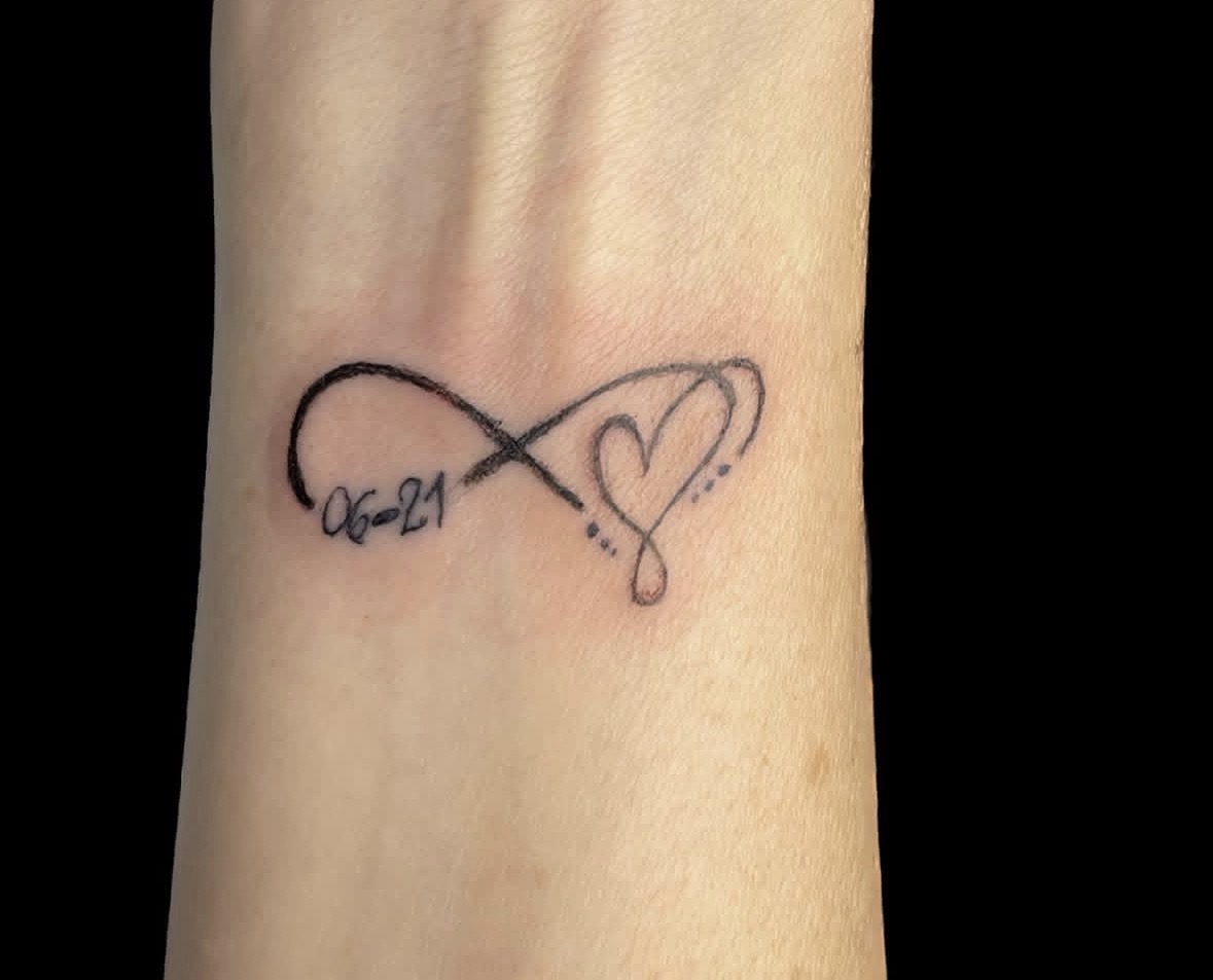 Deborah Joy Garrison — Infinity Heart & Date Wrist Script