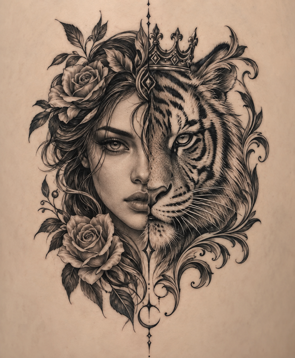 Prabin Bom — Tiger Split Portrait with Roses & Crown