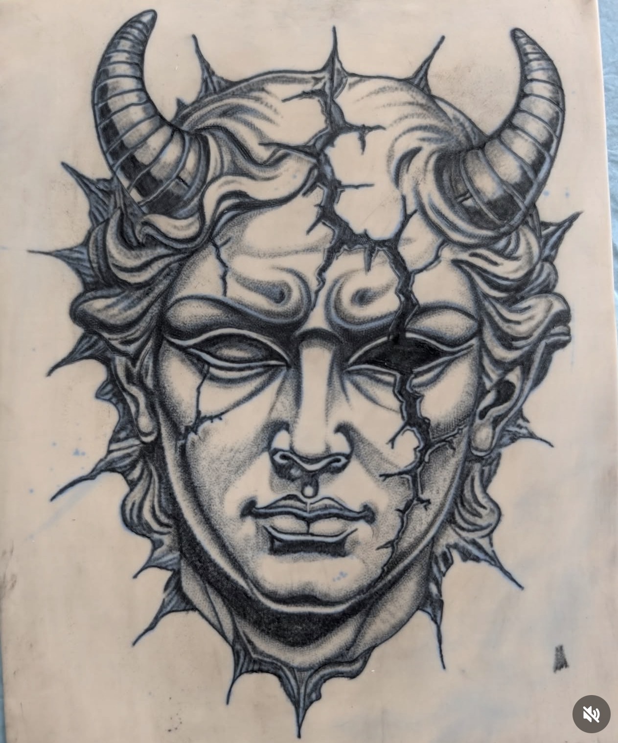 Neo-Traditional Cracked Horned Statue